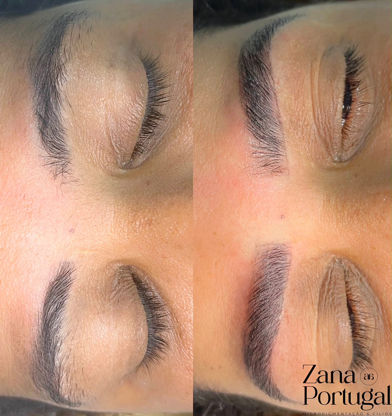Antes e depois de design estratégico de sobrancelhas no Studio Zana Portugal